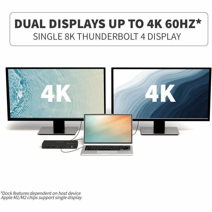 DUAL DISPLAYS UP TO 4K 60HZ*  
SINGLE 8K THUNDERBOLT 4 DISPLAY  

*Dock features dependent on host device  
Apple M1/M2 chips support single display