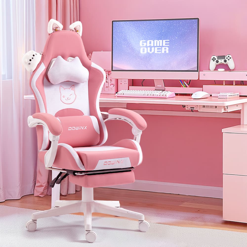 Dowinx - Cute Cat-Ear Gaming Chair with Massaging Lumbar Support, Ergonomic Game Chair for Adults with Footrest & Headrest - Pink