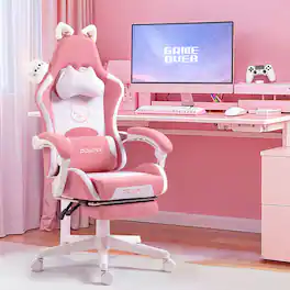 Dowinx - Cute Cat-Ear Gaming Chair with Massaging Lumbar Support, Ergonomic Game Chair for Adults with Footrest & Headrest - Pink