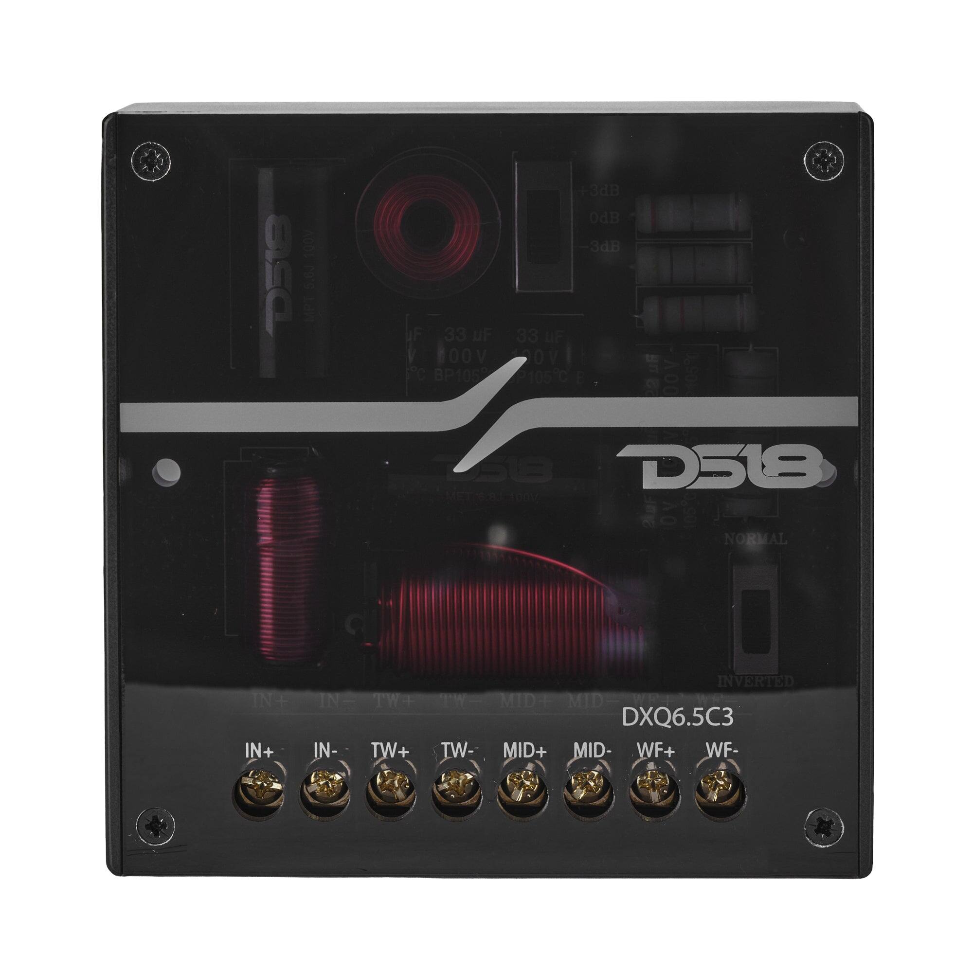 100V 5.6J MPT  
+3dB 0dB -3dB IF 33 UF 33 OF 100V 100V BP105 P105C  
D518 D518  
NORMAL  
IN+ IN+  
INVERTED IN- TW+ TW- MID+ MID DXQ6.5C3 IN- TW+ TW- MID+ MID- WF+ WF-