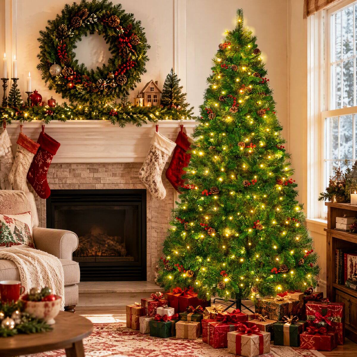 Front. Wisairt - 5FT Pre-Lit Artificial Christmas Tree, 518 Tips Full Green Pine with 150 LED 11 Modes - Green.