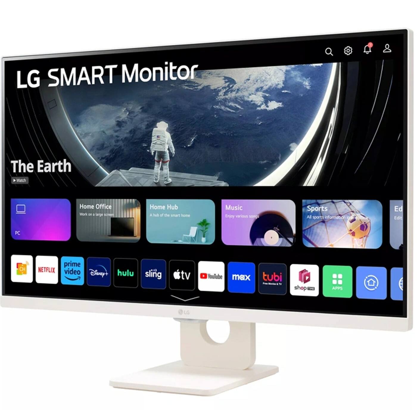 LG SMART Monitor

The Earth

Home Office
Work on a large screen

Home Hub
A hub of the smart home

Music
Enjoy various songs

Sports
All sports information

PC

prime video
NETFLIX
Disney+
hulu
sling tv
YouTube
max
tubi
shop
APPS

LG