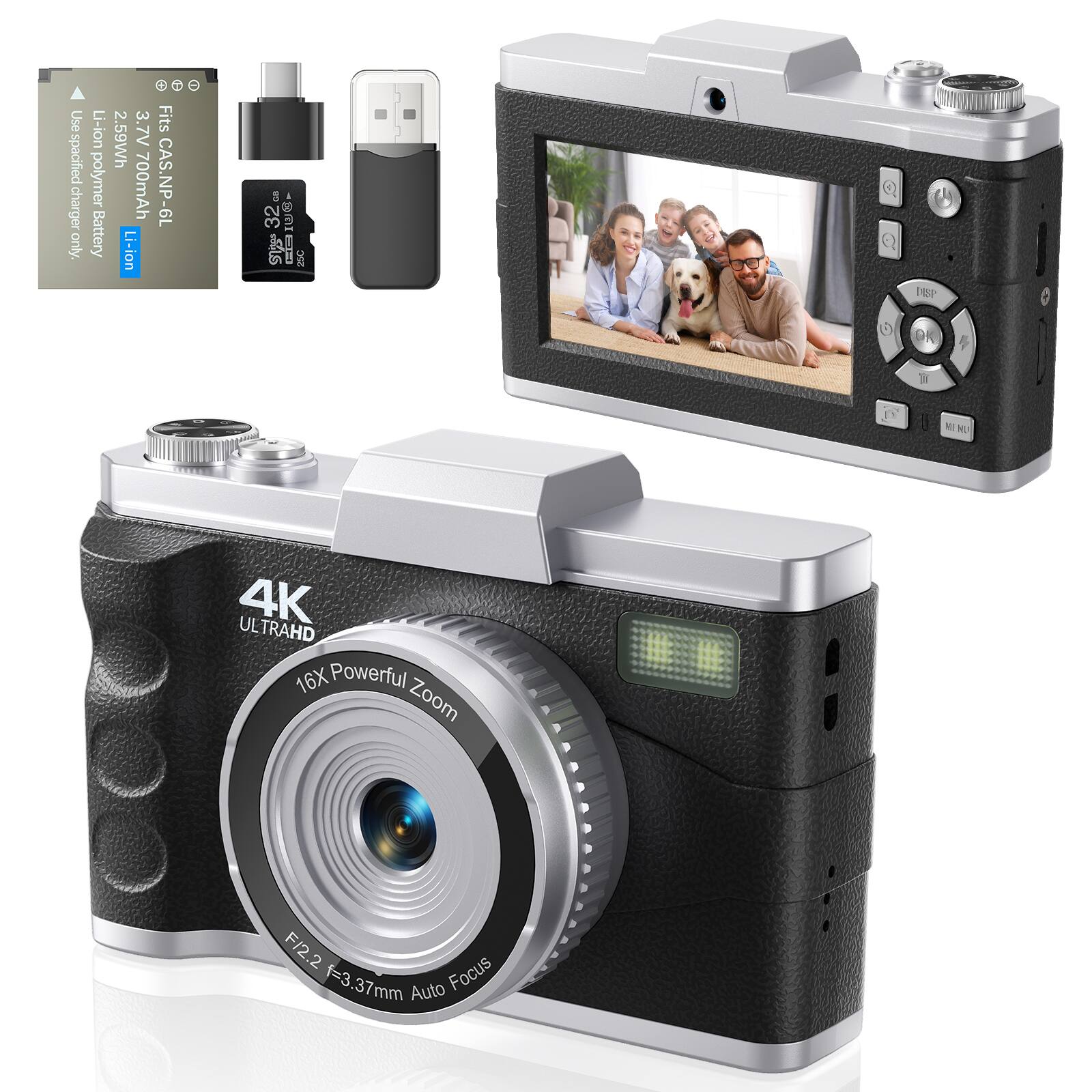 3.7V Li-ion polymer battery 2.59Wh 700mAh  
Fits CAS.NP-6L NP-6L charger only.  
Use specified charger only.  

4K ULTRAHD  
16X Powerful Zoom  
F/2.2 f=3.37mm Auto Focus