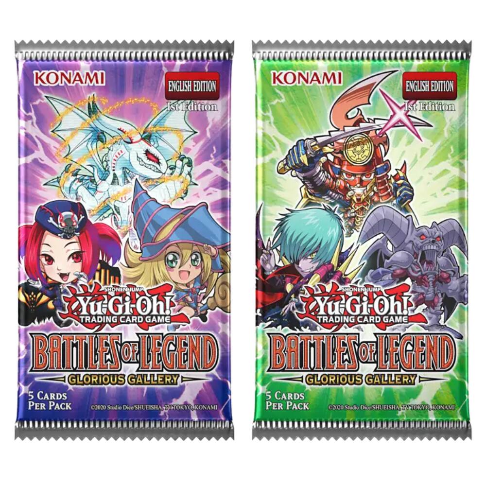 KONAMI ENGLISH EDITION 1st Edition  
SHONEN JUMP  
YuGiOh!  
TRADING CARD GAME  
BATTLES OF LEGEND  
GLORIOUS GALLERY  
5 CARDS PER PACK  
2020  
Studio Dice SHUEISHA TOKYO KONAMI