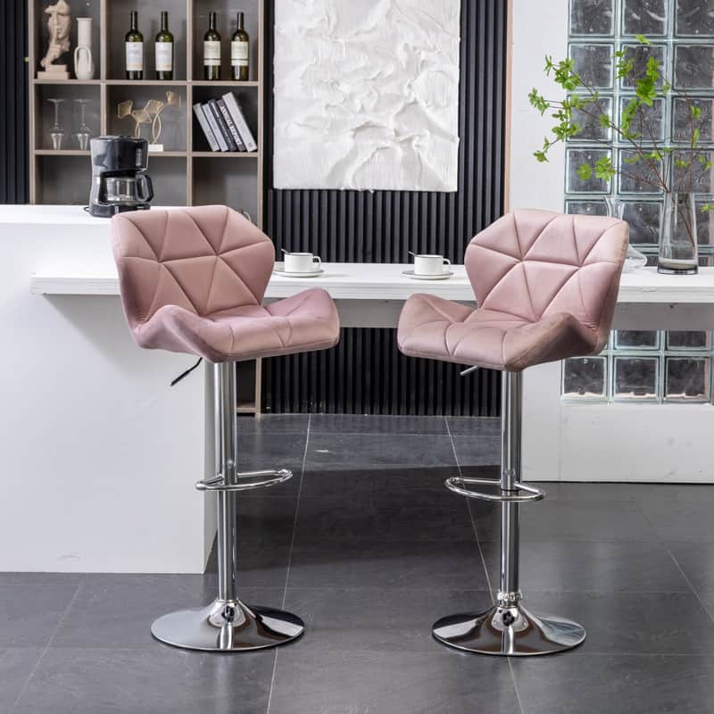 HTUTWOO - Velvet Swivel Barstools Set of 2, Height Adjustable with Footrest,for Kitchen Island, Home Bar & Dining Room - Pink