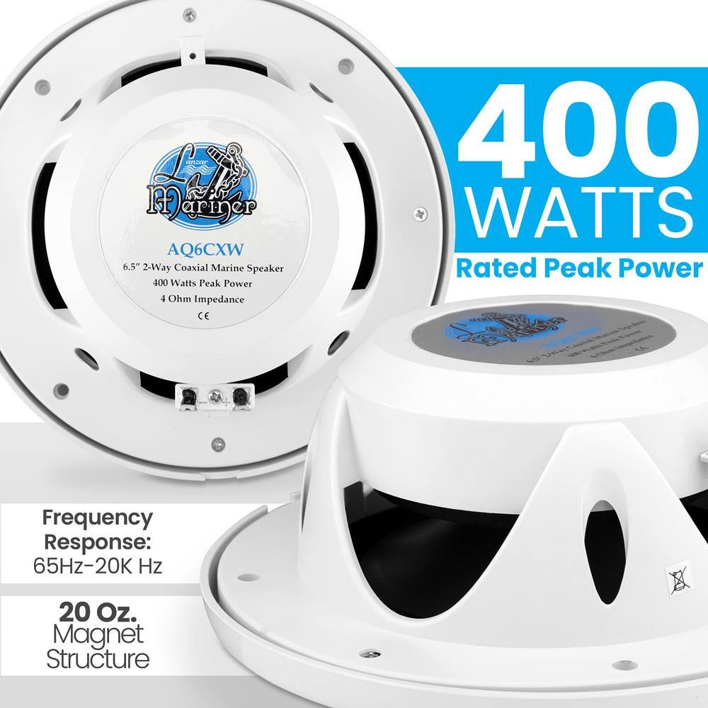 - **Model:** AQ6CXW
- **Type:** 6.5" 2-Way Coaxial Marine Speaker
- **Power:** 400 Watts Peak Power
- **Impedance:** 4 Ohm
- **Frequency Response:** 65Hz-20K Hz
- **Magnet Structure:** 20 Oz.
- **Certification:** CE

**400 WATTS Rated Peak Power**