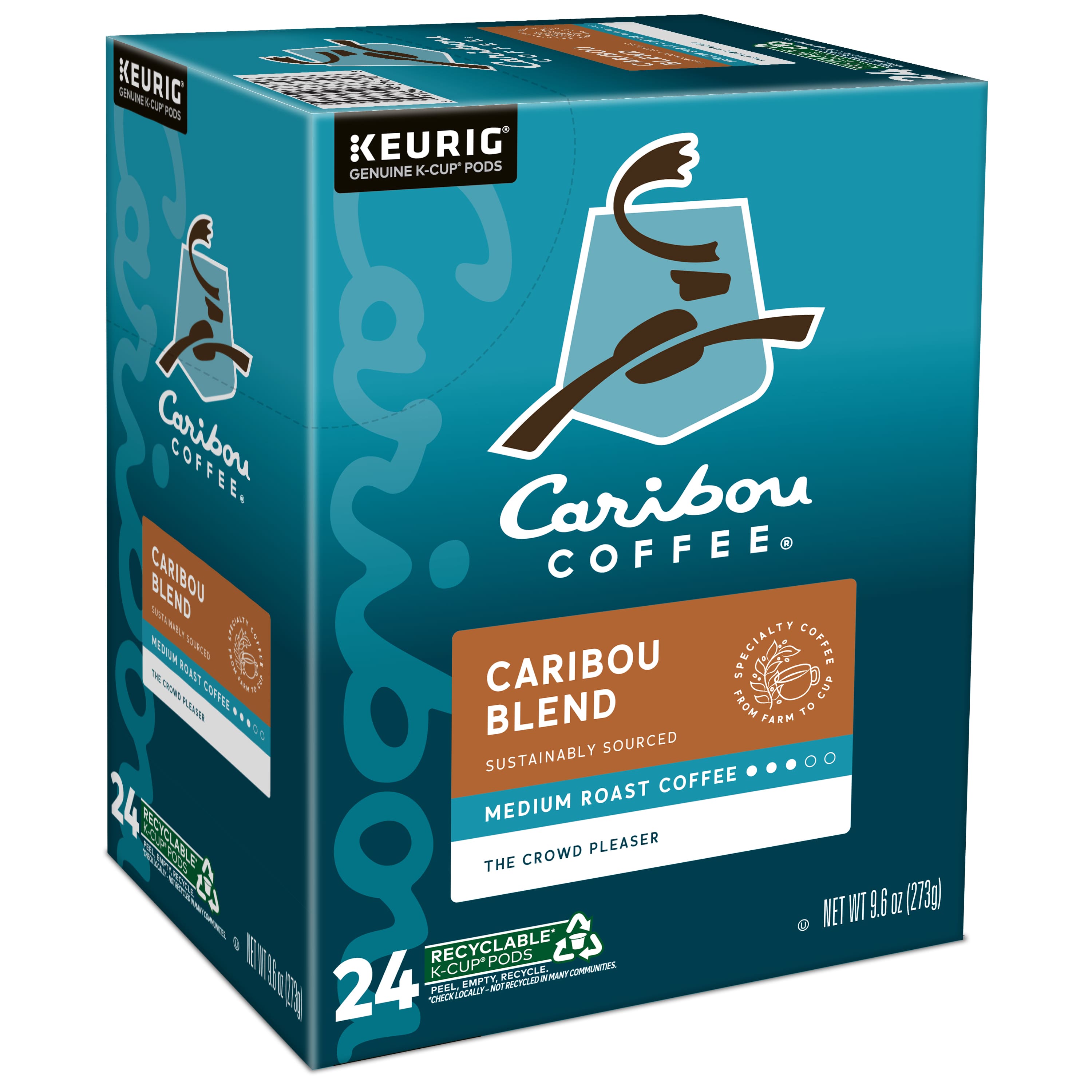 Keurig Green Mountain Caribou Coffee Blend. Caribou Coffee is a crowd pleaser. The medium roast coffee is sustainably sourced and recyclable. 24 K-Cup pods in a 9.6 oz. net weight box.