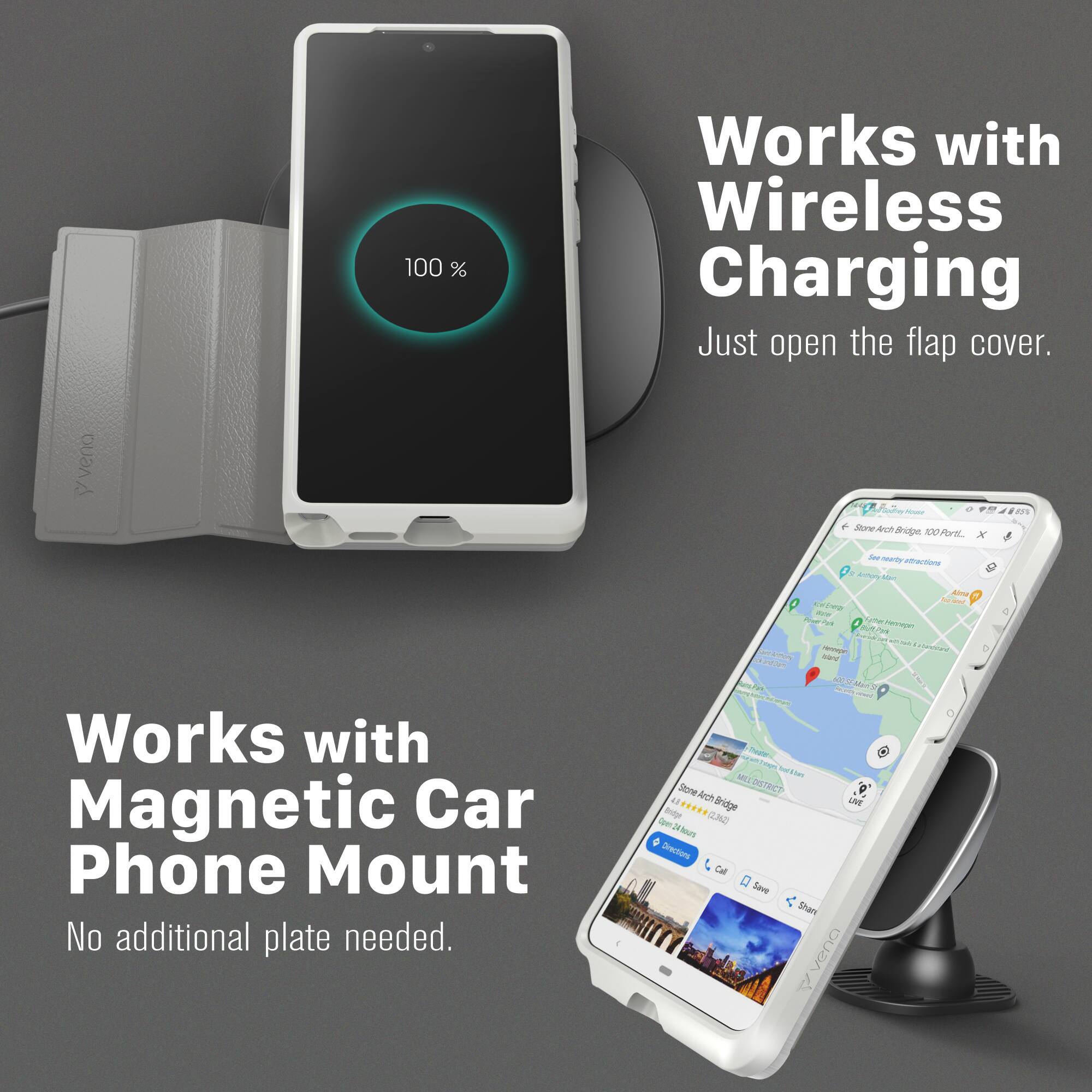 100% Works with Wireless Charging  
Just open the flap cover.

Works with Magnetic Car Phone Mount  
No additional plate needed.