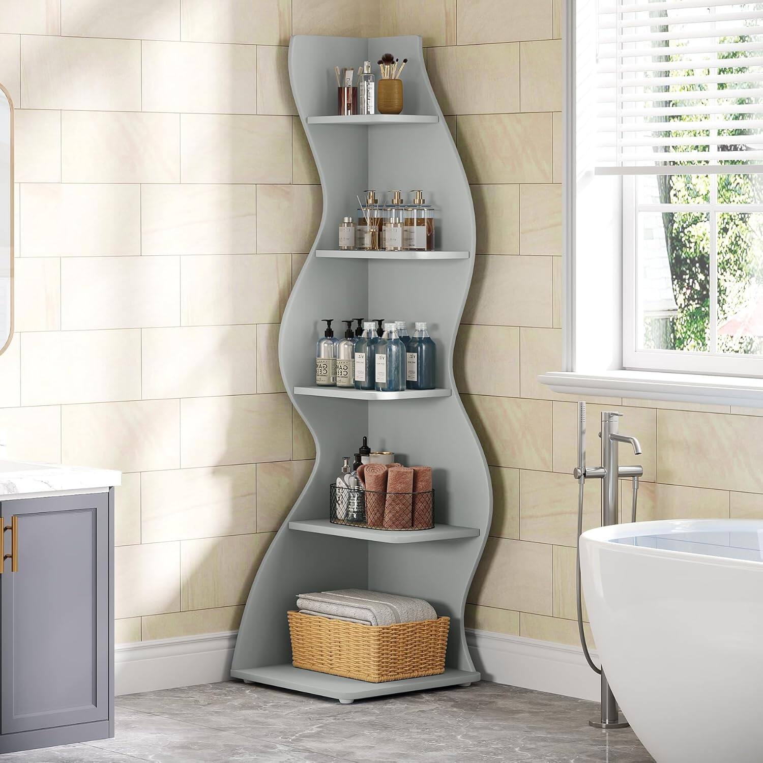 Alt View 3. Tribesigns - Corner Bookshelf with Storage Shelves and Book and Decor Display for Living Room - Blue.