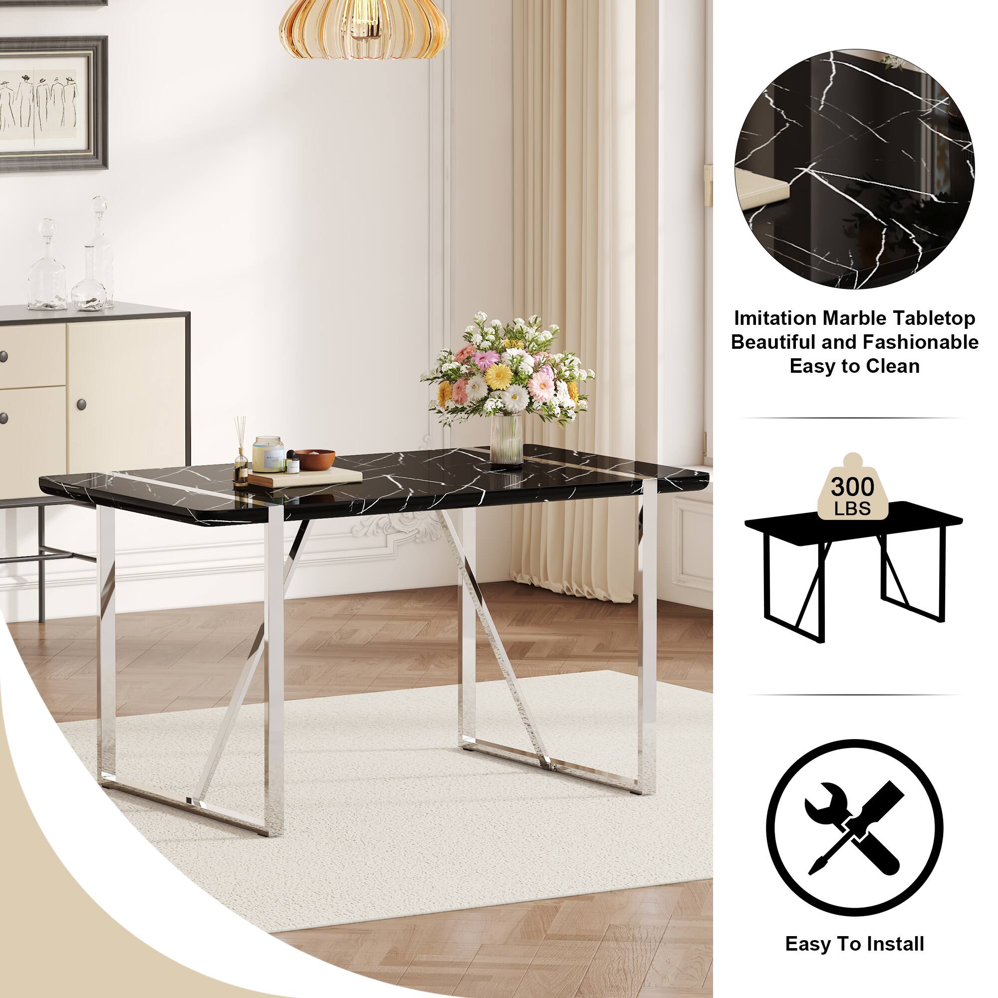 Imitation Marble Tabletop  
Beautiful and Fashionable  
Easy to Clean  

300 LBS  

Easy To Install