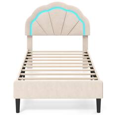 Front. Costway - Costway Twin Size Upholstered LED Bed Frame Soft Velvet Platform Bed with Flower Headboard - Beige.