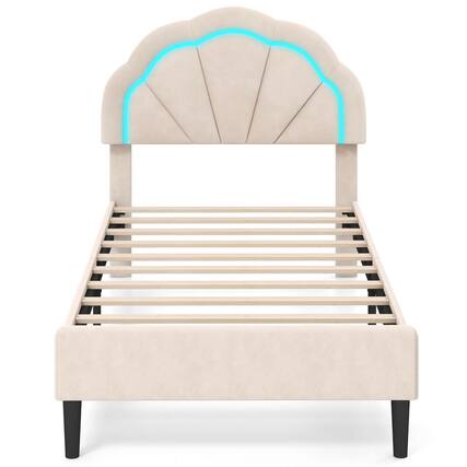 Front. Costway - Costway Twin Size Upholstered LED Bed Frame Soft Velvet Platform Bed with Flower Headboard - Beige.