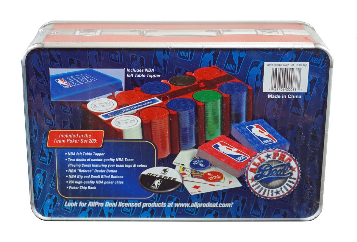 Sure, here is the corrected and grouped text from the image:

---

**APD Team Poker Set - 200 Chip**

**Includes NBA felt Table Topper**

**Included in the Team Poker Set 200:**
- NBA felt Table Topper
- Two decks of casino-quality NBA Team Playing Cards featuring your team logo & colors
- NBA "Referee" Dealer Button
- NBA Big and Small Blind Buttons
- 200 high-quality NBA poker chips
- Poker Chip Rack

**Look for AllPro Deal licensed products at www.allprodeal.com!**

**Made in China**

**Barcode: 89706 00088 7**

---

This text is organized to reflect the contents and details of the product packaging.