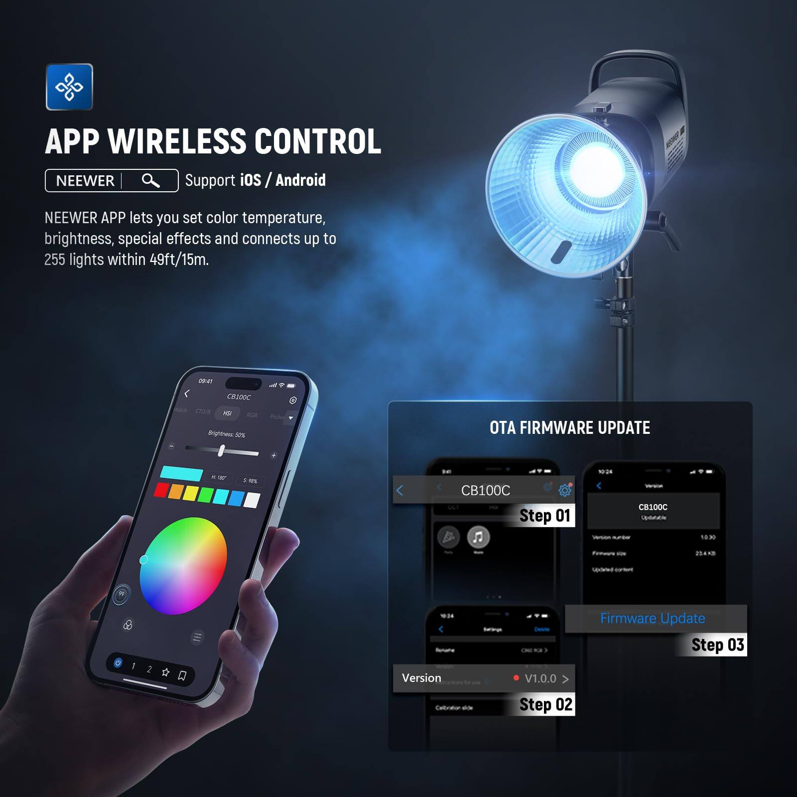 APP WIRELESS CONTROL  
NEEWER Support iOS / Android  
NEEWER APP lets you set color temperature, brightness, special effects and connects up to 255 lights within 49ft/15m.  

OTA FIRMWARE UPDATE  
CB100C  
Step 01  
Step 02  
Step 03  
Version: V1.0.0