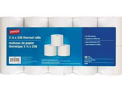 STAPLES  
3 1/2 x 230 thermal rolls  
rouleaux de papier thermique 3 1/2 x 230  

For POS printers  
sans biphénol A (BPA)  
pour imprimantes TPV  
sans biphénol A (BPA)  

10 rolls  
10 rouleaux  

3 1/2 x 230 ft  
83 mm x 70 m