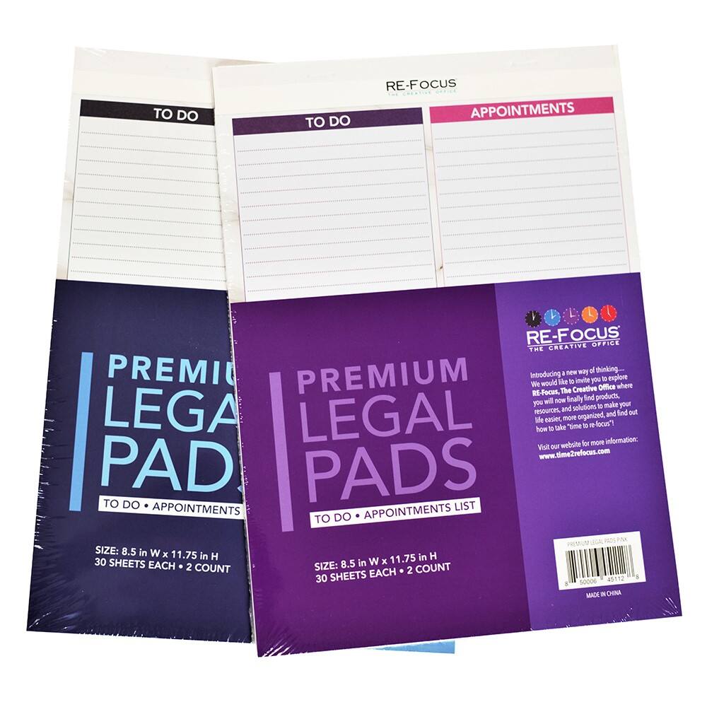 TO DO, TO DO, RE-FOCUS, PREMIUM, PREMIUM, LEGAL, LEGAL, PADS, PADS, TO DO, APPOINTMENTS, TO DO, APPOINTMENTS, LIST, SIZE, 8.5 in W x 11.75 in H, 8.5 in W x 11.75 in H, 30 SHEETS, 30 SHEETS, EACH, EACH, 2 COUNT, 2 COUNT, 50006, 45112, MADE IN CHINA
