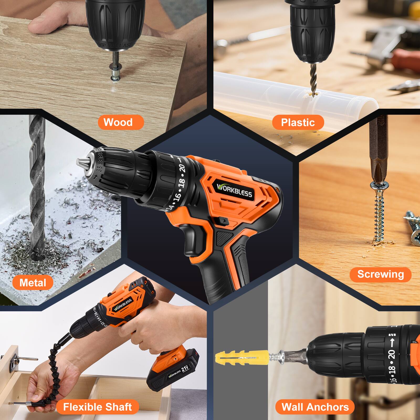 - Wood
- Plastic
- Metal
- Flexible Shaft
- Screwing
- Wall Anchors