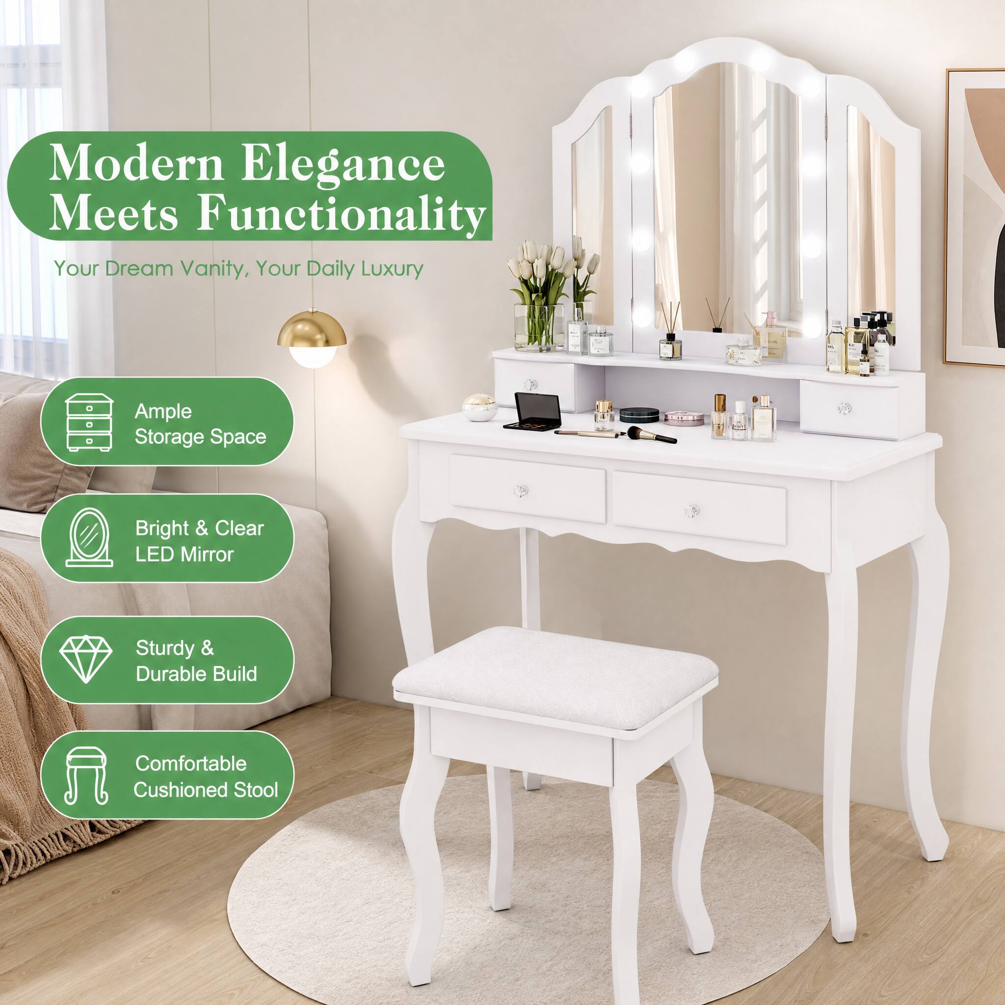 Modern Elegance Meets Functionality  
Your Dream Vanity, Your Daily Luxury  

- Ample Storage Space  
- Bright & Clear LED Mirror  
- Sturdy & Durable Build  
- Comfortable Cushioned Stool