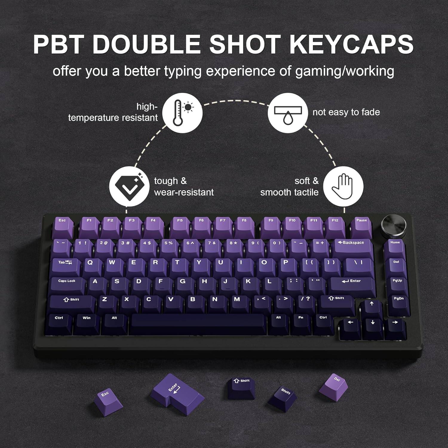 PBT DOUBLE SHOT KEYCAPS offer you a better typing experience of gaming/working

- high-temperature resistant
- tough & wear-resistant
- not easy to fade
- soft & smooth tactile

Eu 11 EV F3 Fa Fn FS ET 1S ia in E1 ETZ Pause - 1 1 2 & 3 - D % SA 78 8 . . 9 I . 1 I . + Backspace ema THE N Q W E R T Y U I O P I I I 1 I I nat CAp LA00 A S D F G H J K L i - .. Enter Pglle sT Z x C V  N M - > / 7 SuE Puto ON was AM an m GaI t Ese Entar sau BNV Del