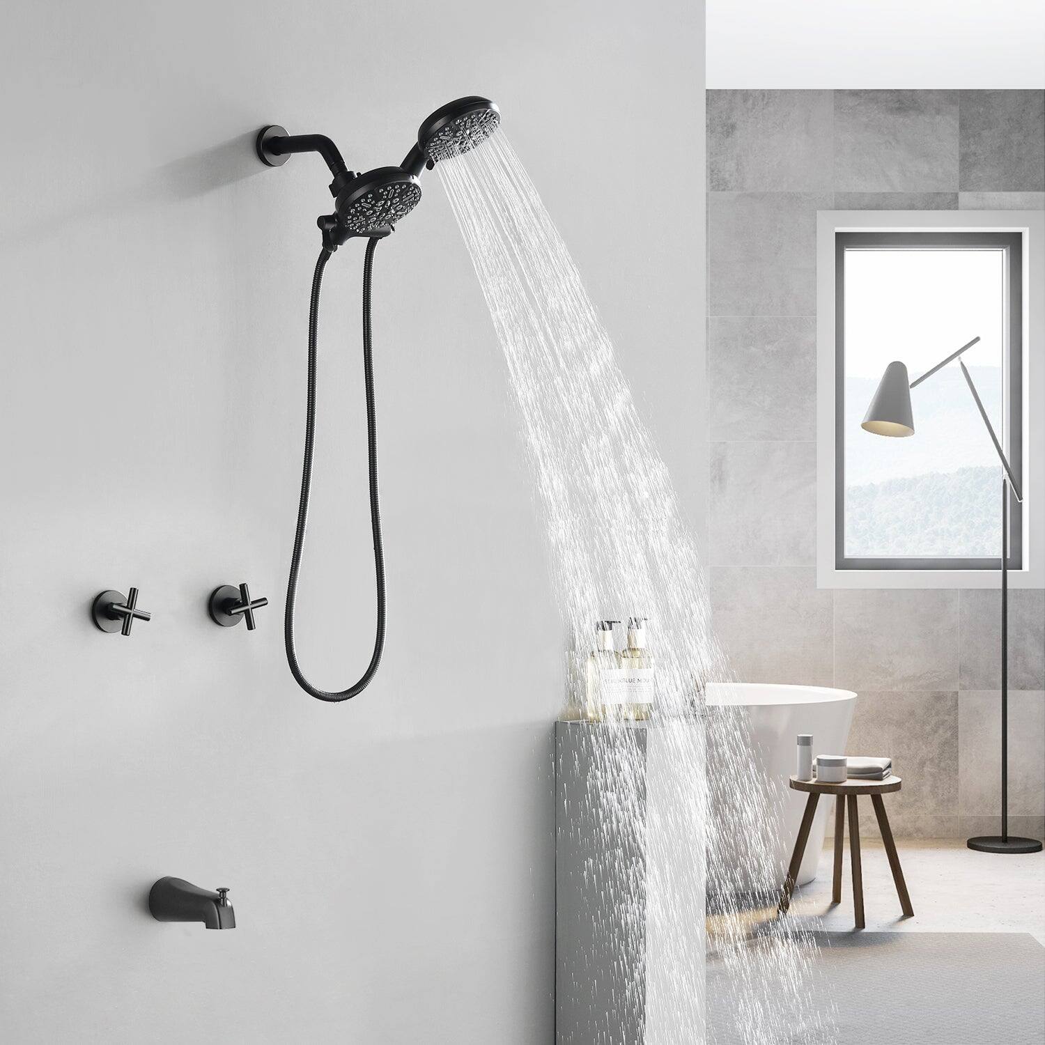 Alt View 2. Boyel Living - Matte Black Shower Set with 7 Function Dual Shower Heads and Tub Spout - Matte Black.