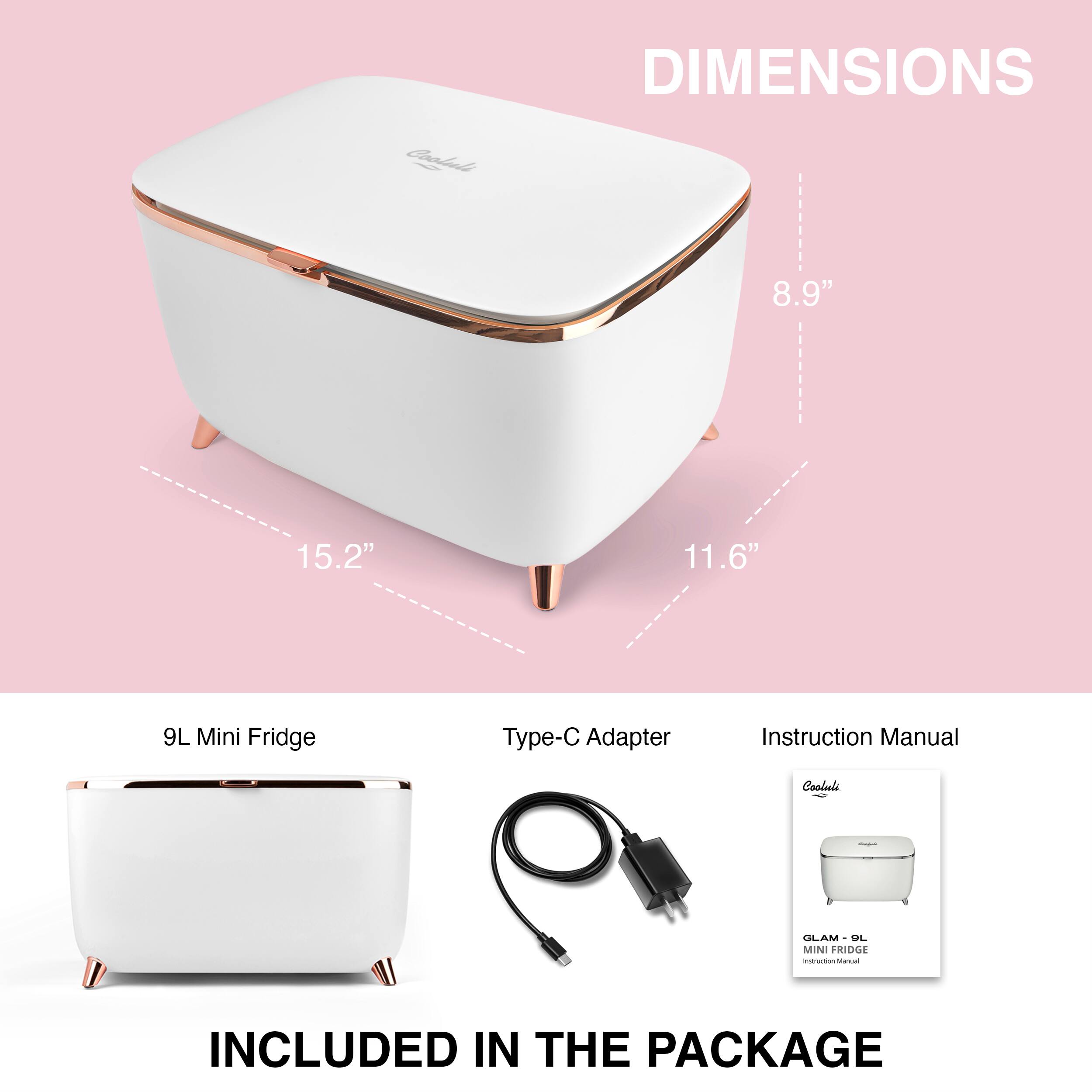 DIMENSIONS 8.9" 15.2" 11.6" 9L Mini Fridge Type-C Adapter Instruction Manual Cooleela - OL MINI FRIDGE - INCLUDED IN THE PACKAGE