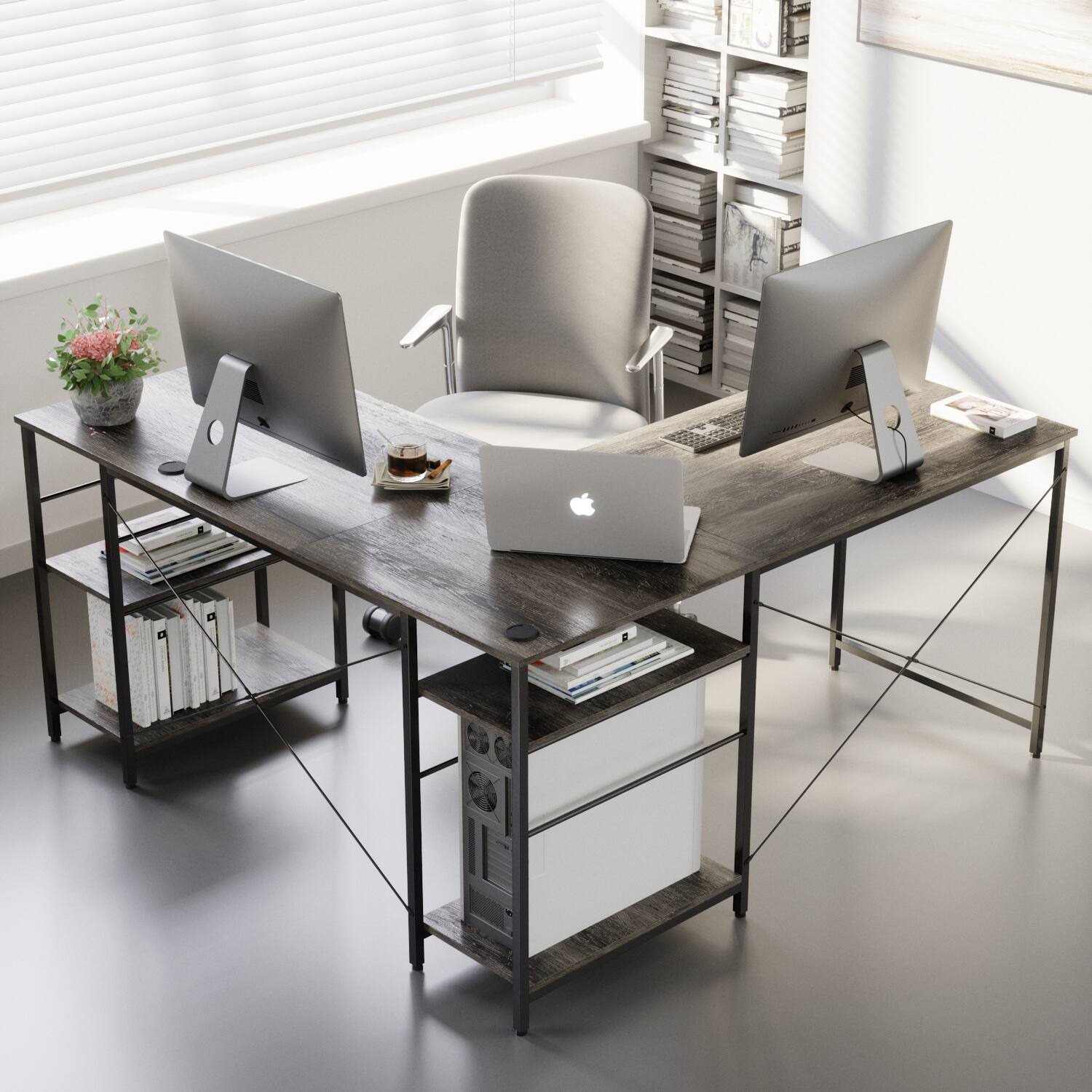 Left. Bestier - L-Shaped Desk with Shelves - 59" Wide - Dark Grey.