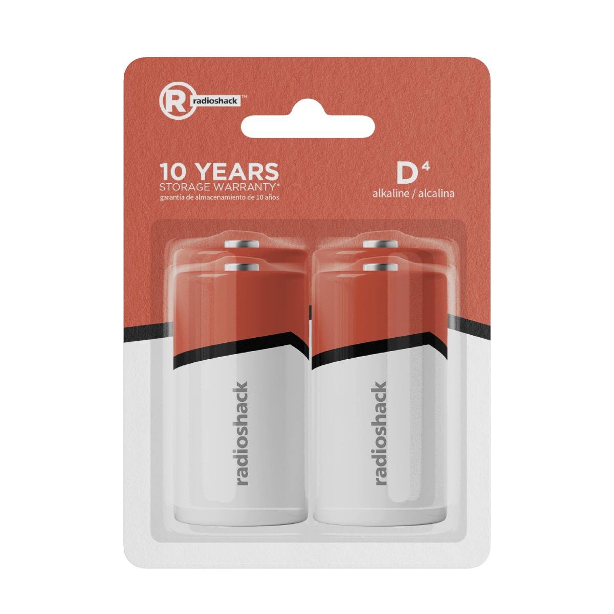 - Radioshack
- 10 YEARS STORAGE WARRANTY*
- garantía de almacenamiento de 10 años
- D4
- alkaline / alcalina
- Radioshack
- Radioshack