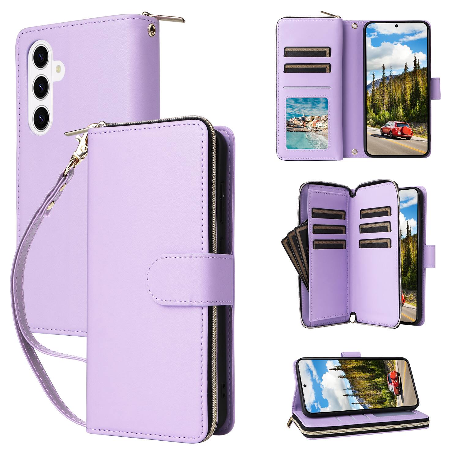 Front. Dteck - Crossbody Wallet Case for Samsung Galaxy S26, Shockproof Zipper Pocket PU Leather Folio Cover with 9 Card Slots - Purple.