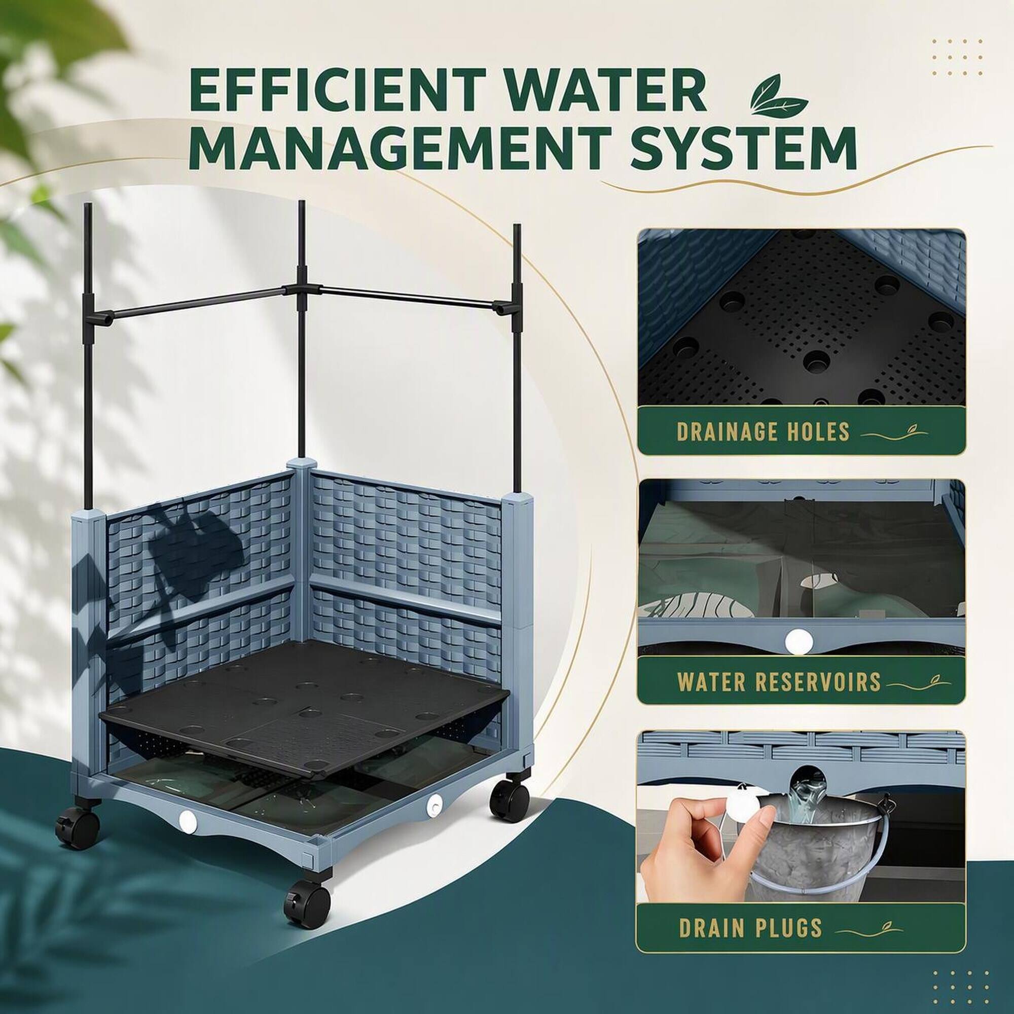 EFFICIENT WATER MANAGEMENT SYSTEM

- DRAINAGE HOLES
- WATER RESERVOIRS
- DRAIN PLUGS