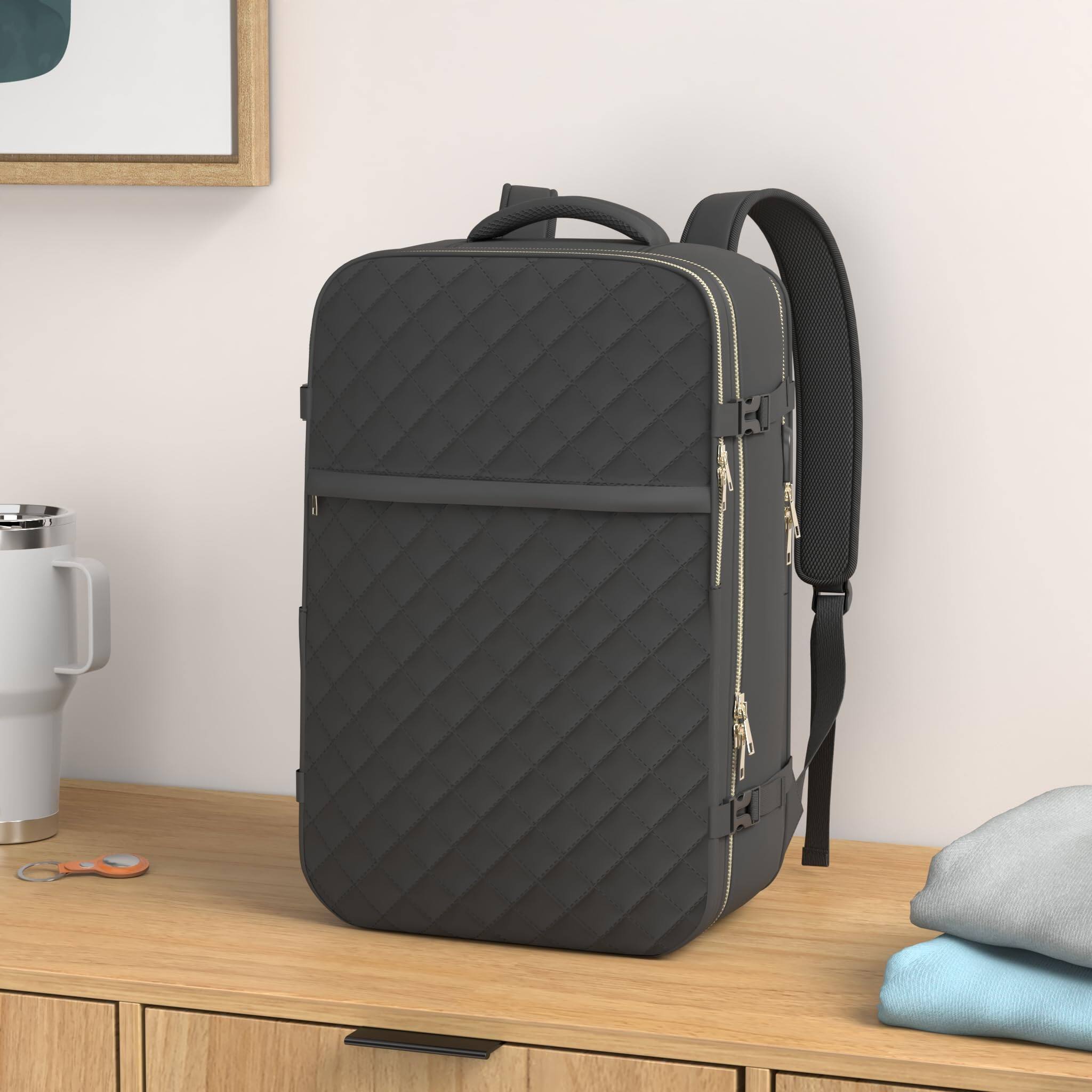 Left. Stamp n Camp - Large Travel Backpack Women  Flight Approved Carry On Water Resistant Anti theft Casual Daypack School Bag Fit 17 Inch - Beige-17.3 inch.