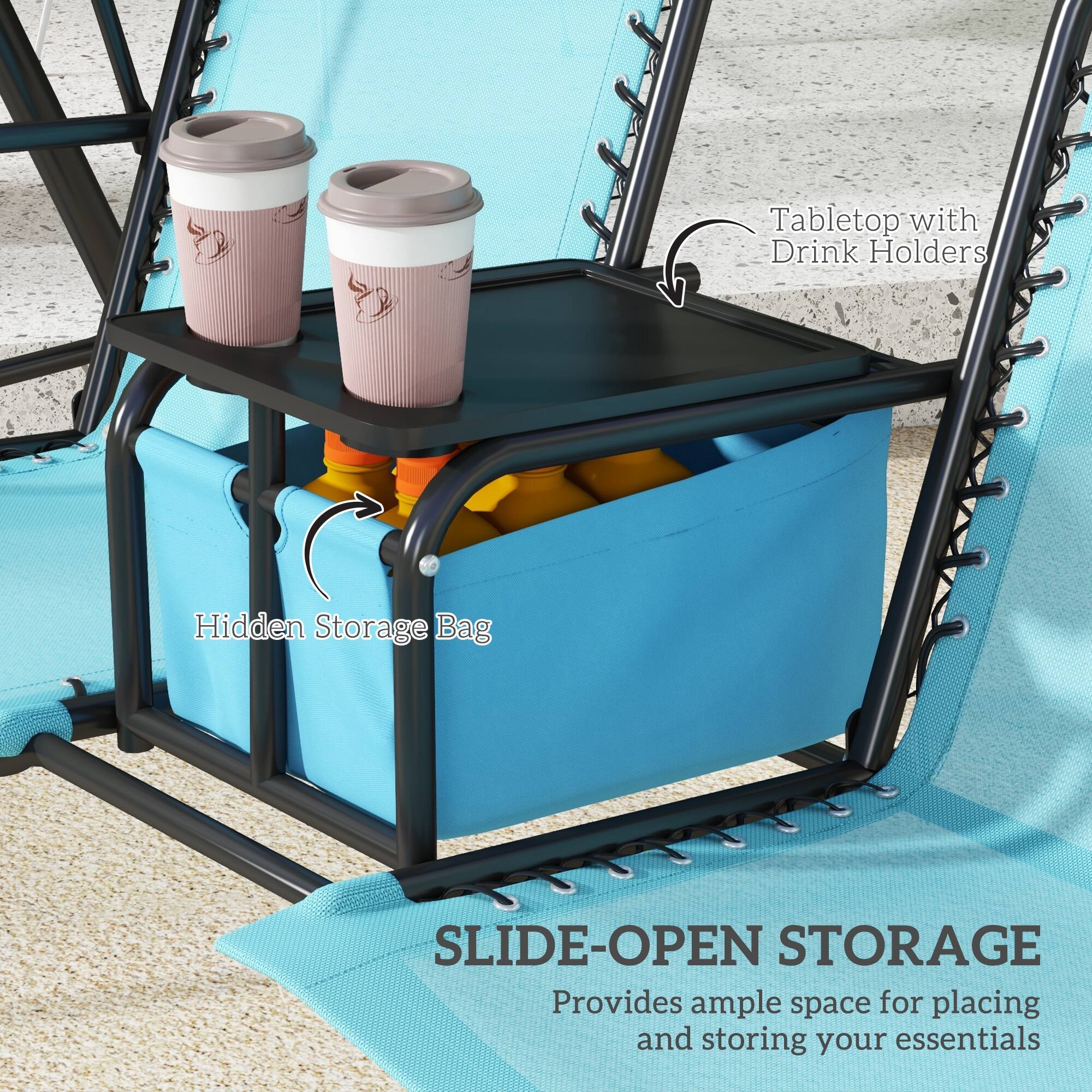 Tabletop with Drink Holders  
Hidden Storage Bag  
SLIDE-OPEN STORAGE  
Provides ample space for placing and storing your essentials