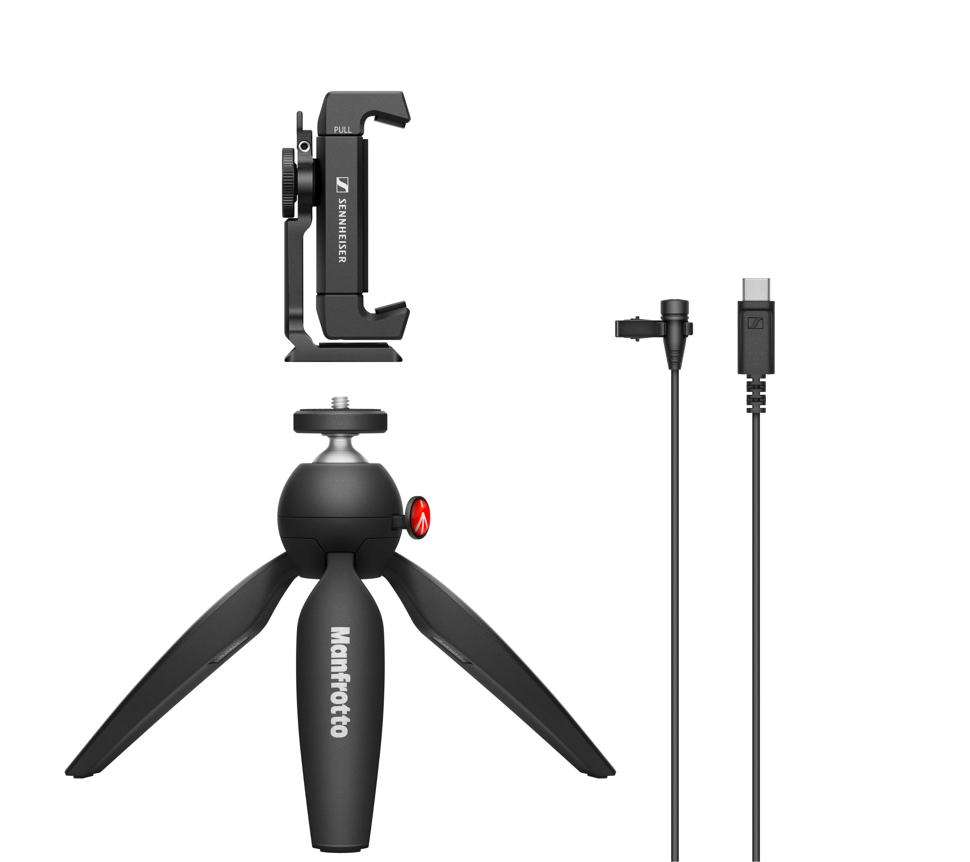Sennheiser - XS Lav USB-C Mobile Kit Omnidirectional Clip-on Microphone with Smartphone Clamp & Manfrotto PIXI Mini Tripod - Black - Front_Zoom