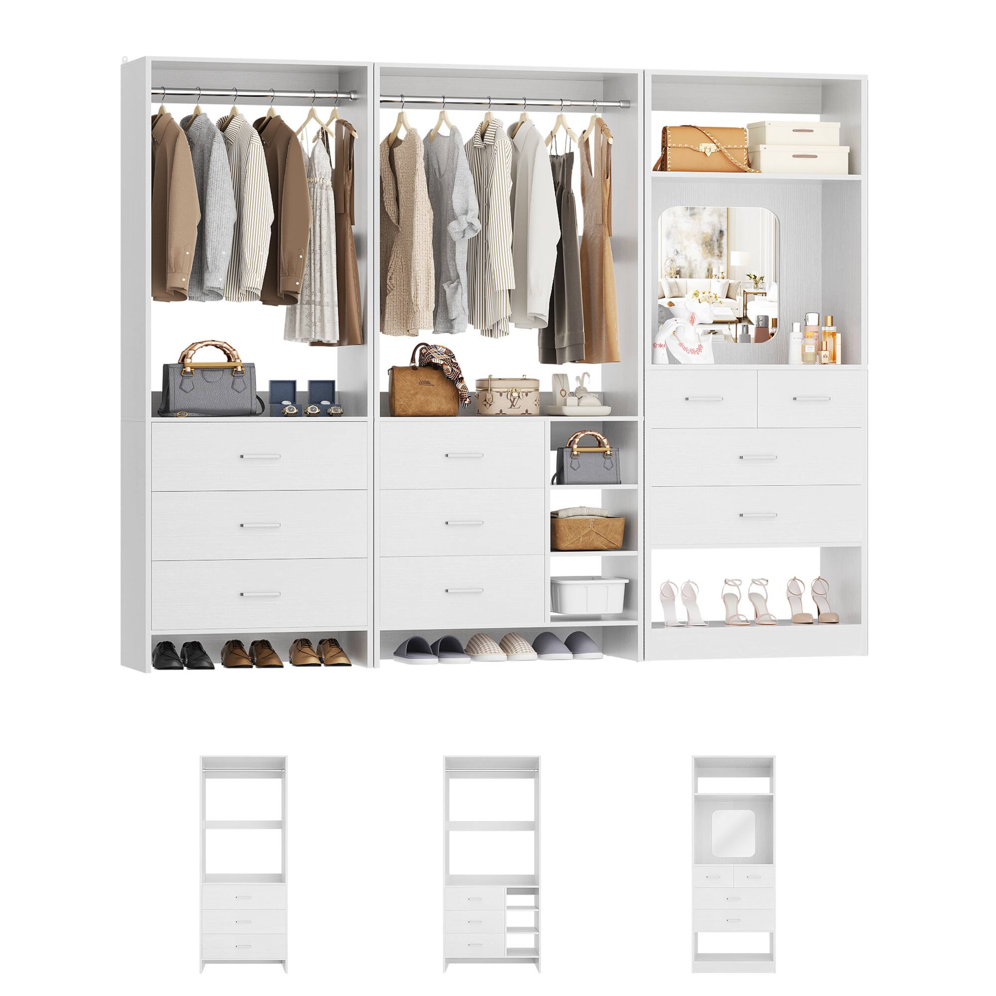 Angle. Aheaplus - 79'' Wide Closet System Set, Closet Storage & Organization Unit with 10 Drawrs & 2 Hanging Rods, 3 Packs - White.