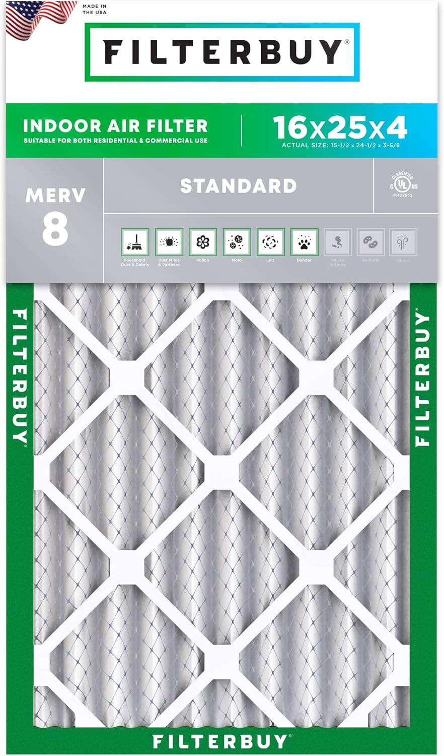 Filterbuy - 16x25x4 MERV 8 Dust & Allergy Defense, Electrostatic Pleated HVAC AC Furnace Air Filters Replacement (1-Pack) - Silver
