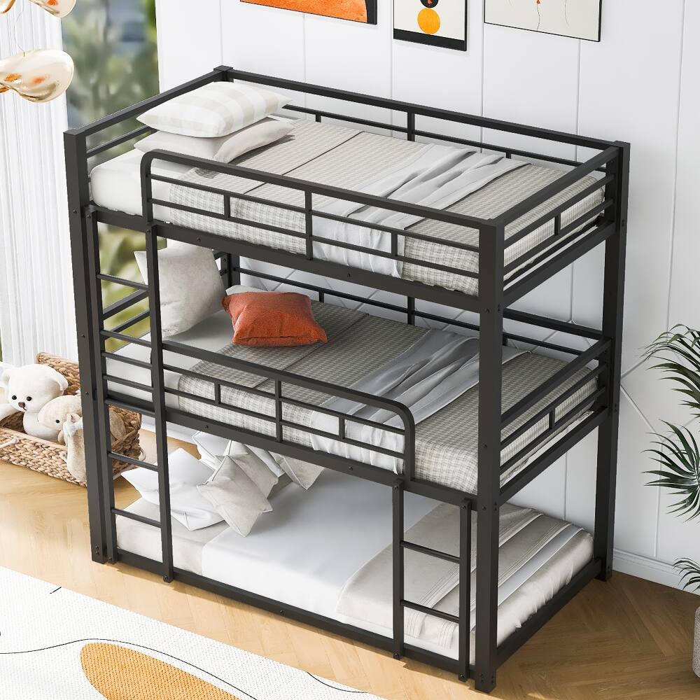 Left. Loheer - Loheer Metal Triple Bunk Bed Twin Over Twin Over Twin Black Heavy Duty Space Saving Frame - Black.