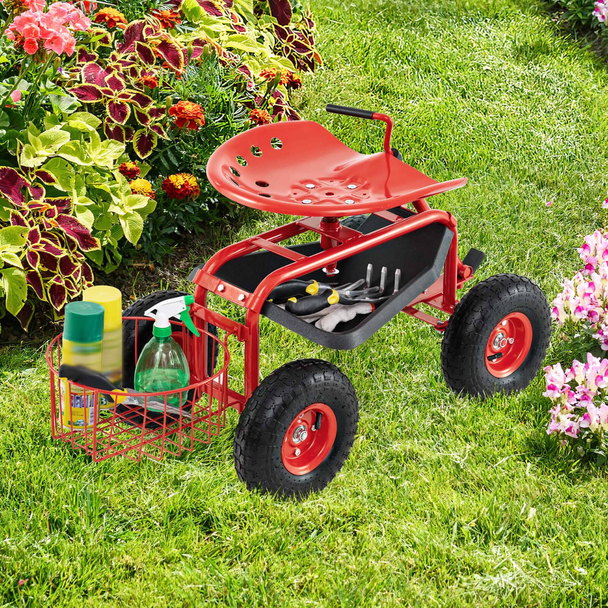 Alt View 3. Costway - Costway Garden Cart Rolling Work Seat Wagon Scooter for Planting with Extendable Handle - Red.