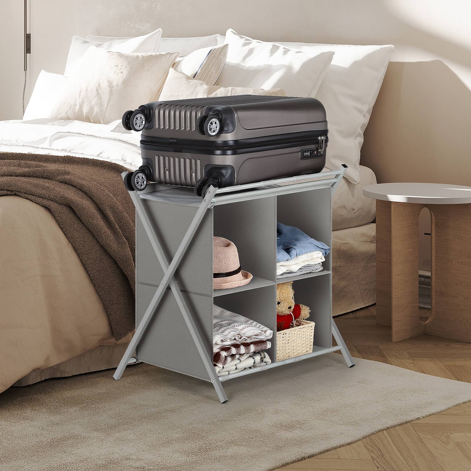 Alt View 1. Oumilen - 4 Compartments Foldable Luggage Rack with Storage Cubbies, Gray Fabric Suitcase Stand - White.