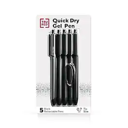TRU RED - Retractable Quick Dry Gel Pens, Medium Point, 0.7mm, 5/Pack - Black