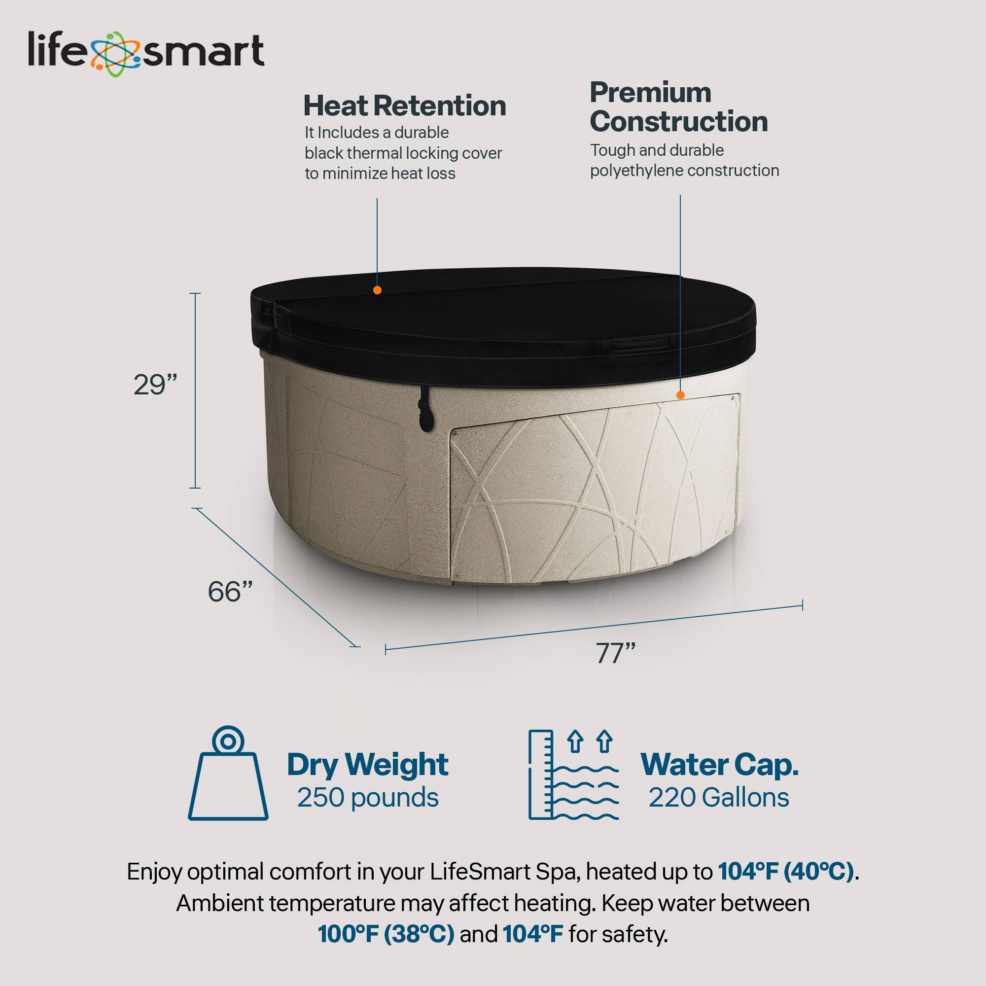 LifeSmart Premium Heat Retention  
- It includes a durable black thermal locking cover to minimize heat loss.  
- Premium Construction: Tough and durable polyethylene construction.  

Dimensions:  
- Height: 29"  
- Diameter: 66"  
- Overall Height: 77"  

Dry Weight: 250 pounds  
Water Cap: 220 Gallons  

Enjoy optimal comfort in your LifeSmart Spa, heated up to 104°F (40°C). Ambient temperature may affect heating. Keep water between 100°F (38°C) and 104°F for safety.