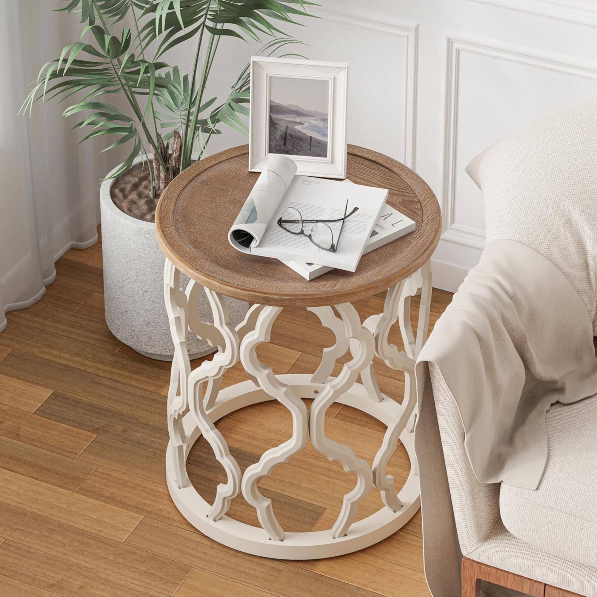 Alt View 8. COZAYH - COZAYH Rustic Table Round Accent Side Wood Tray Top Curved Base Furniture, White - Wood, White.