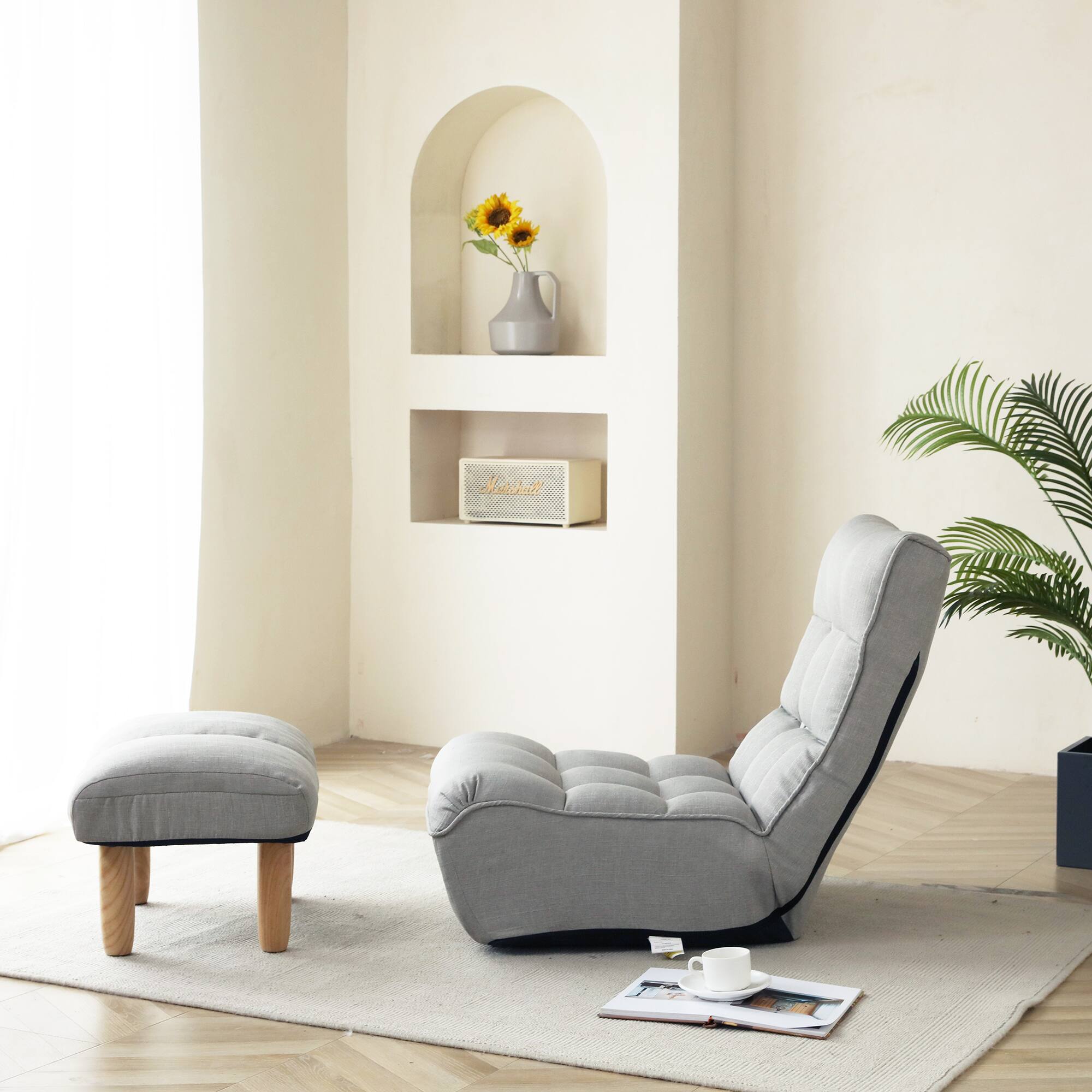 Back. LOVMOR - Compact Linen Bean Bag Chairs For Living Room Bedroom Dorm Small Space Indoor Seating Comfort Supportive Adult - Cement Grey.