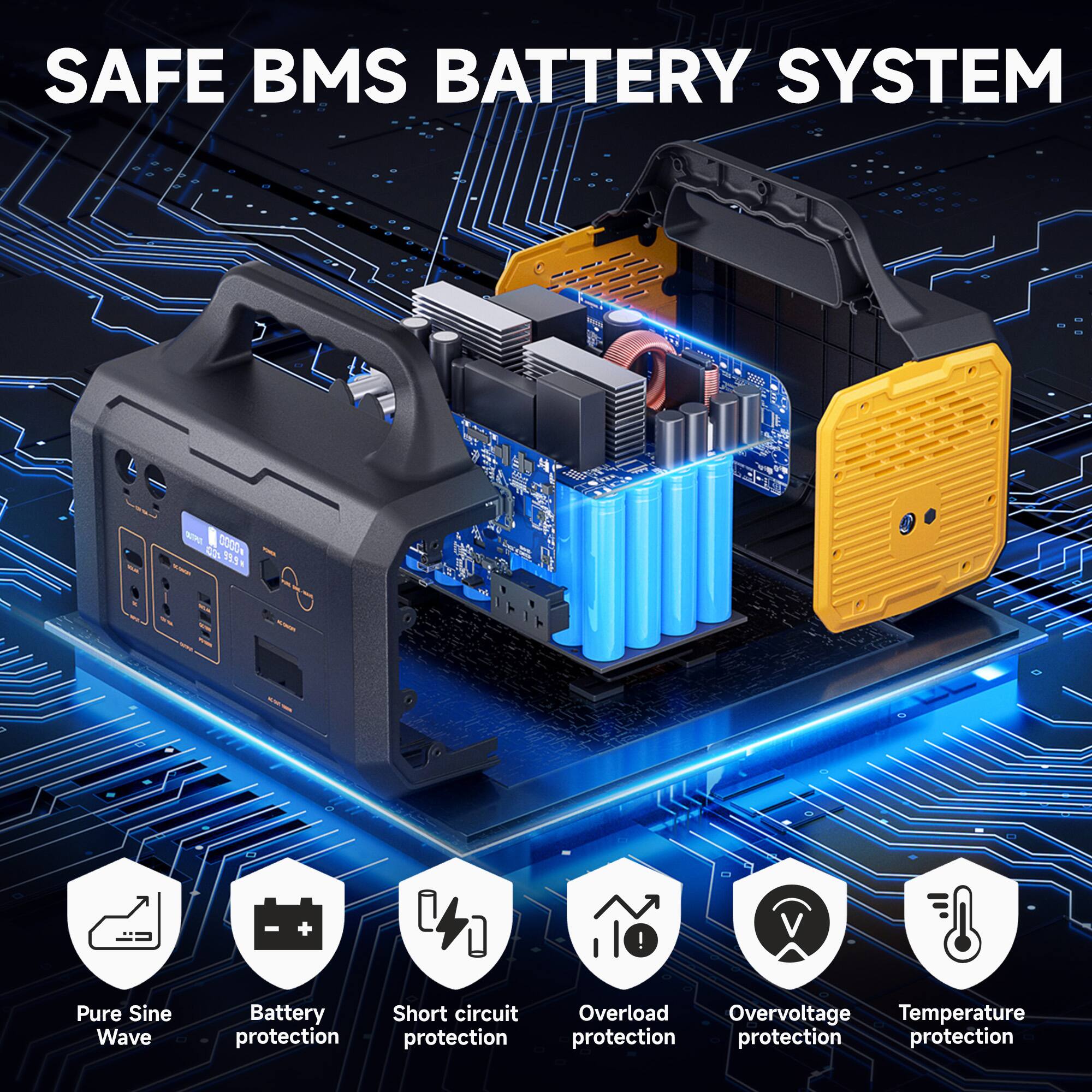 SAFE BMS BATTERY SYSTEM

- Pure Sine Wave
- Battery protection
- Short circuit protection
- Overload protection
- Overvoltage protection
- Temperature protection