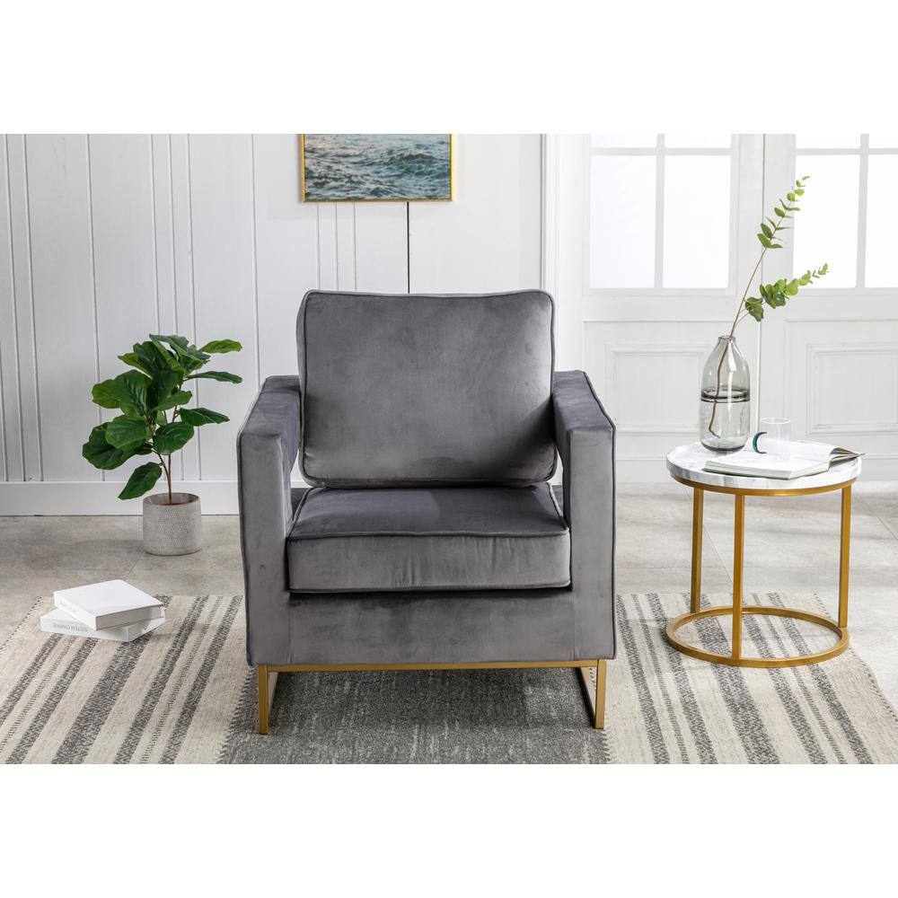 Alt View 3. Carolina Chair & Table - Adadon Velvet Upholstered Armchair - Gray - Gray, Gold.