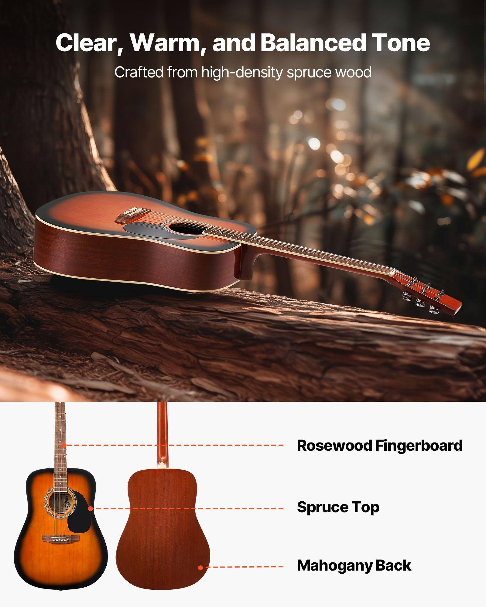 Clear, Warm, and Balanced Tone  
Crafted from high-density spruce wood  

- Rosewood Fingerboard  
- Spruce Top  
- Mahogany Back