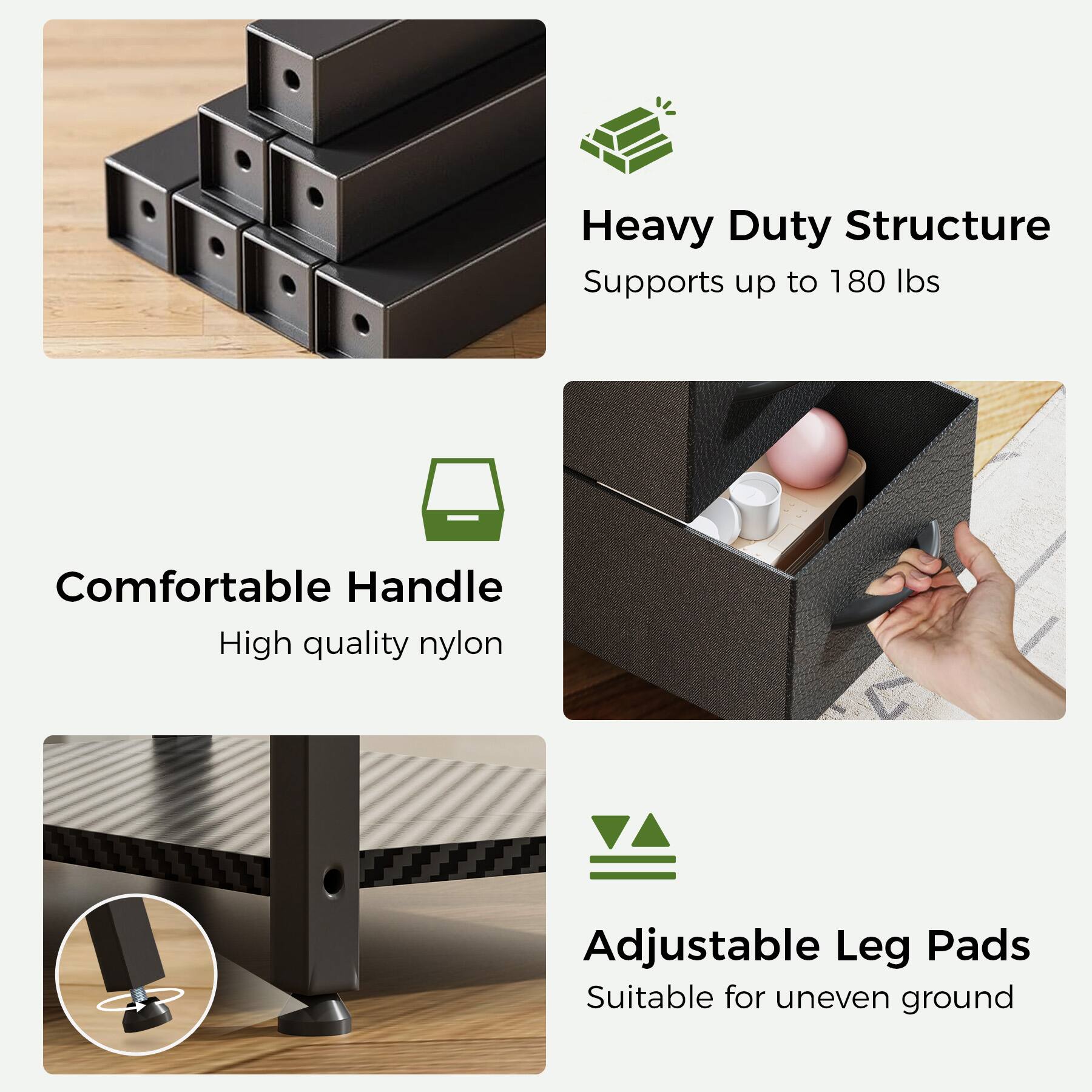 Heavy Duty Structure Supports up to 180 Ibs, Comfortable Handle High quality nylon, Adjustable Leg Pads Suitable for uneven ground