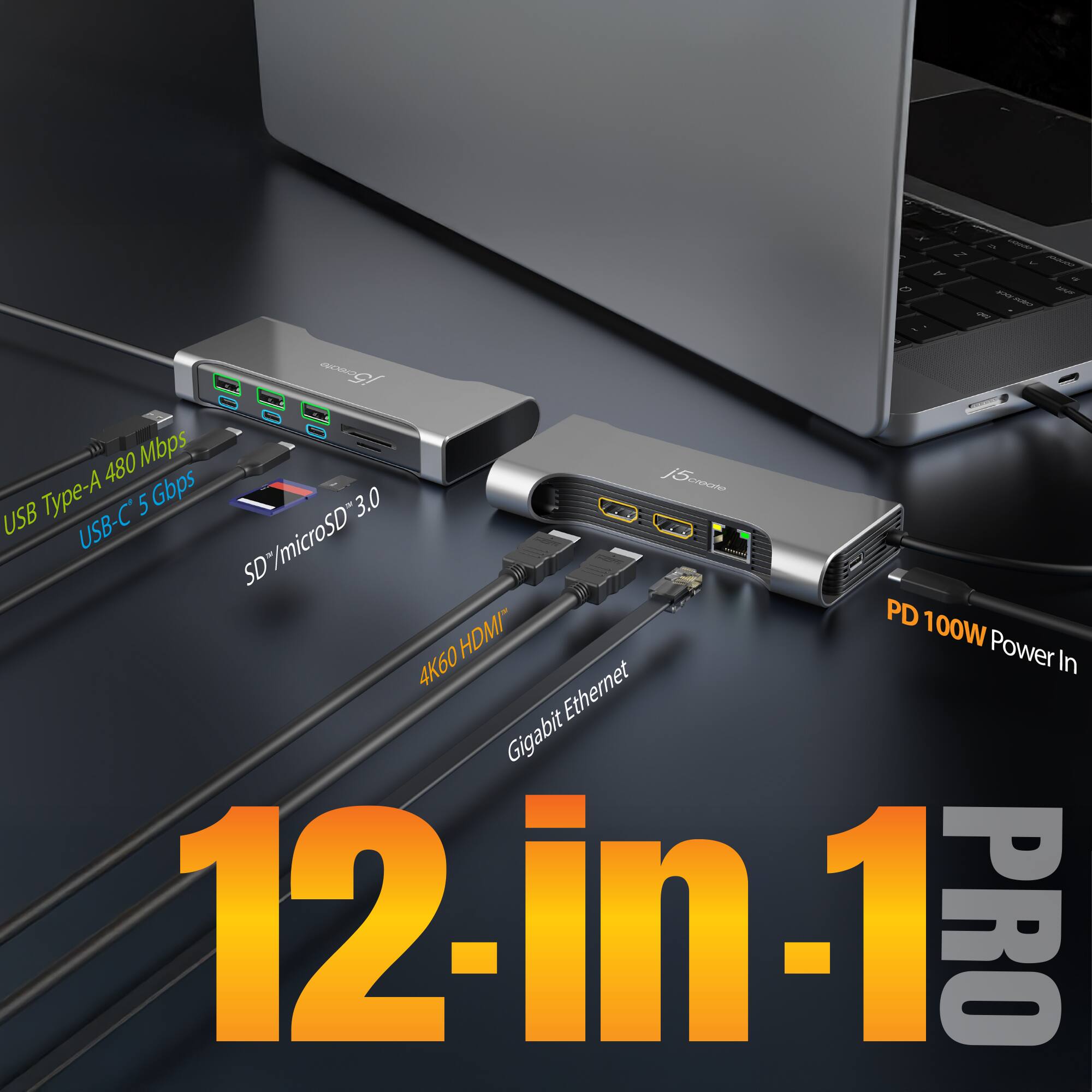 J1 - C2 = 150°  
OL NO I 480 Mbps  
Type-A Gbps  
1500a USB 5 3.0 USB-C*  
SD/microSD 3.0  
PD 100W  
HDMI Power 4K60  
Ethernet Gigabit  
12-in-1 PRO