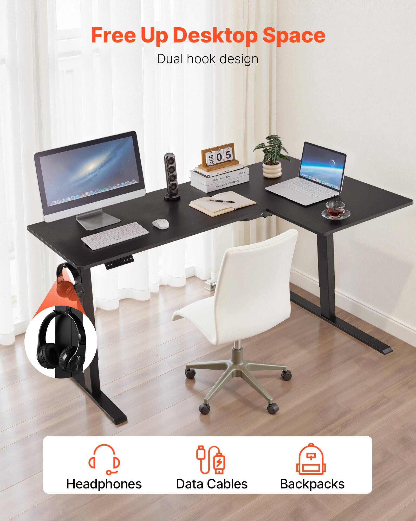 Free Up Desktop Space, Dual hook design, Headphones, Data Cables, Backpacks