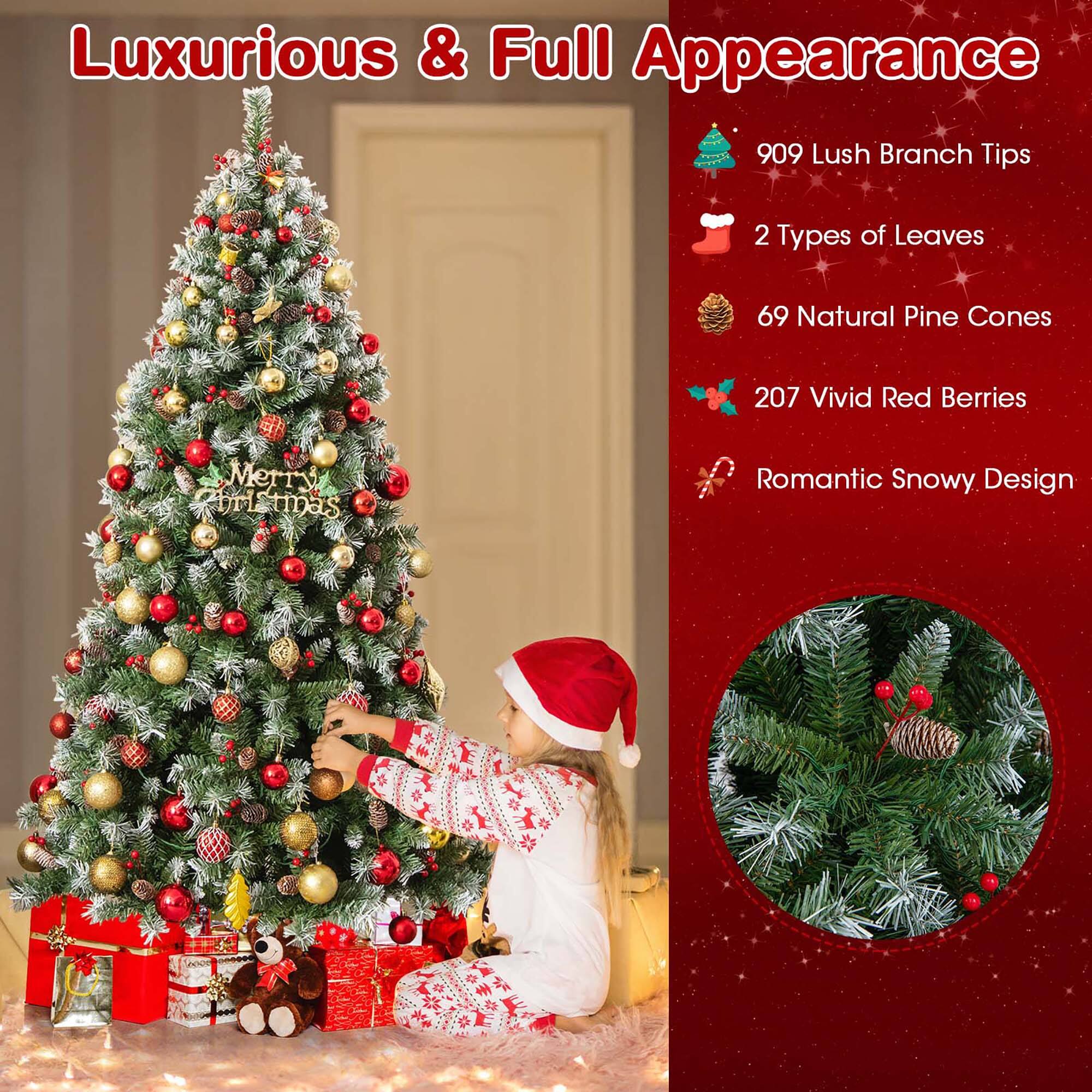Luxurious & Full Appearance

- 909 Lush Branch Tips
- 2 Types of Leaves
- 69 Natural Pine Cones
- 207 Vivid Red Berries
- Romantic Snowy Design

Merry Christmas