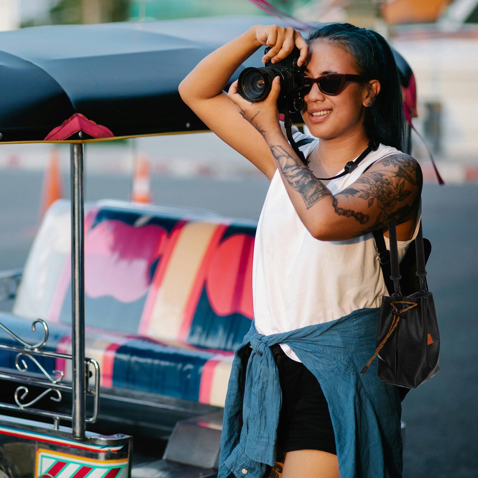 Alt View 6. Unique Bargains - S Size Drawstring Camera Lens Pouch, PU Waterproof Handbag with Adjustable Shoulder Strap for DSLR Lens - Gray.