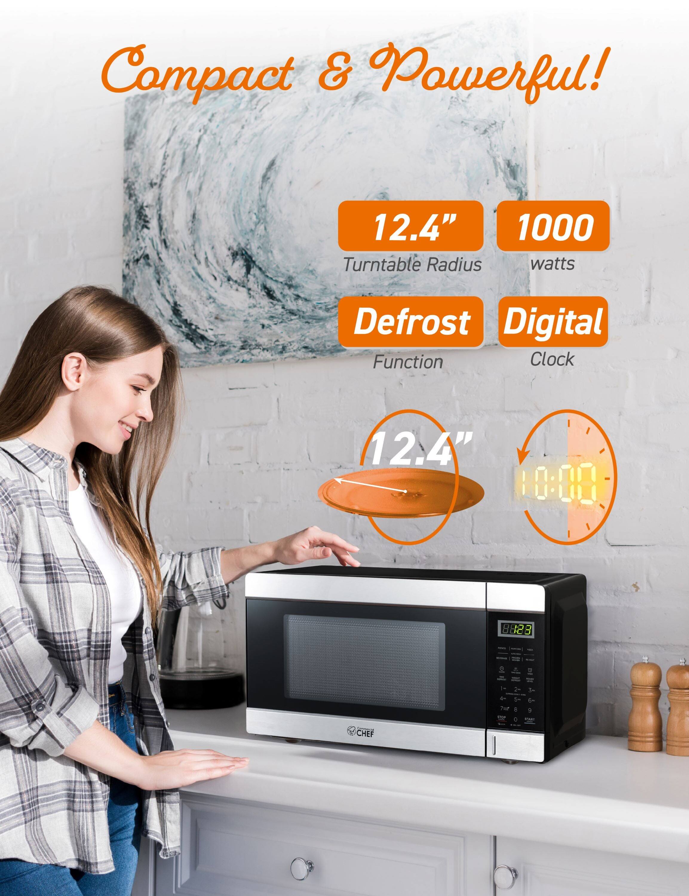 Compact & Powerful! 12.4" Turntable Radius 1000 watts Defrost Function Digital Clock 12.4" 10:00 CHEF